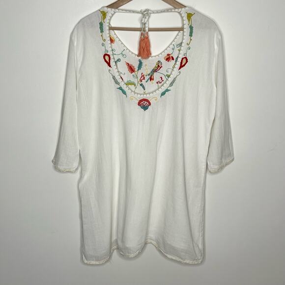 La Troupe Women's Embroidered Swim Cover Up White Floral Bird Print Tasseled - Picture 10 of 10